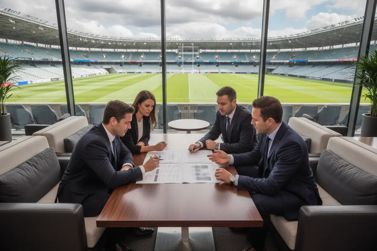 Corporate guests reviewing match-day plans together in a premium rugby stadium hospitality lounge