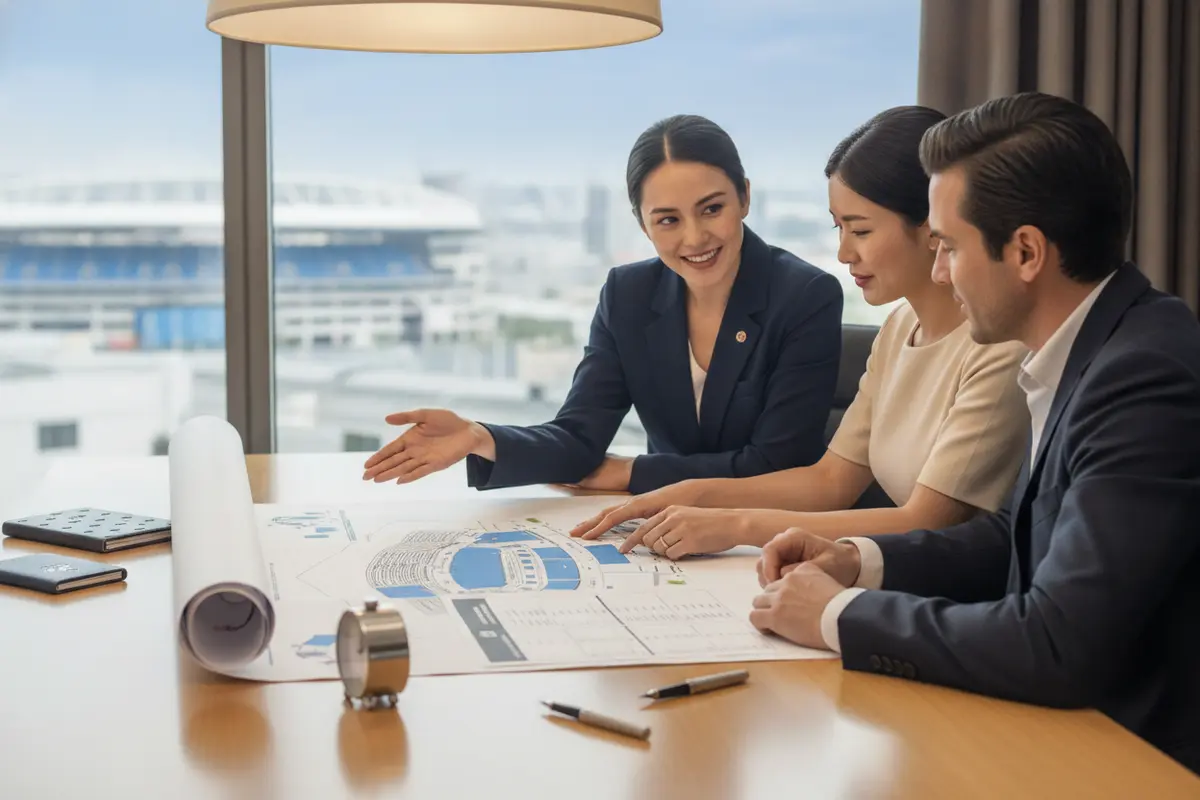 Corporate guests reviewing seating and hospitality details for a Rose Bowl game weekend