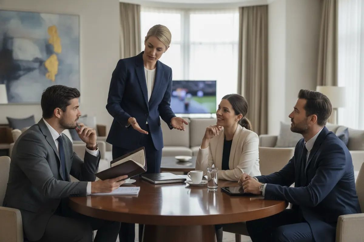 Corporate host reviewing a guest itinerary with colleagues in a hotel lounge before an event