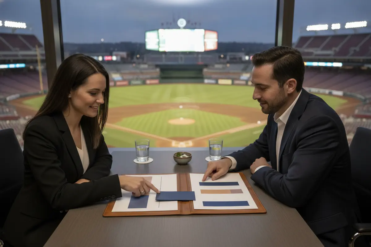Corporate hosts reviewing a World Series client guest plan before the game