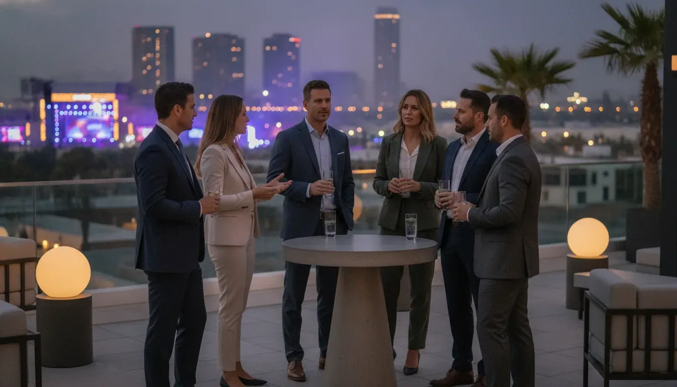 Corporate hosts discussing an electronic music festival hospitality plan from a Las Vegas terrace