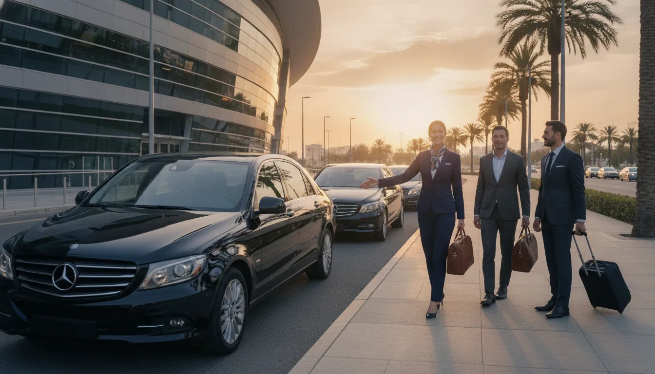Event coordinator welcoming corporate guests beside luxury transportation at a sporting venue