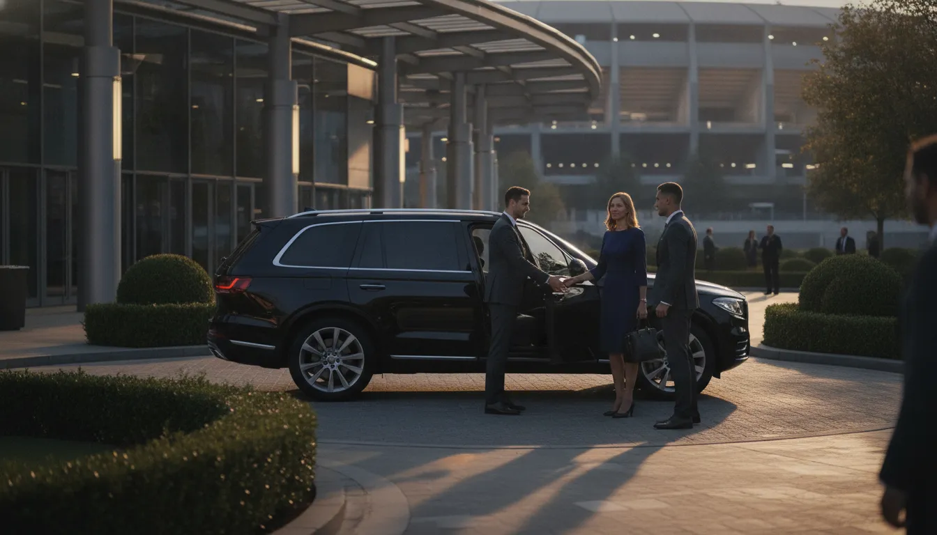 Event logistics services coordinator greeting corporate hospitality guests at a premium venue transfer