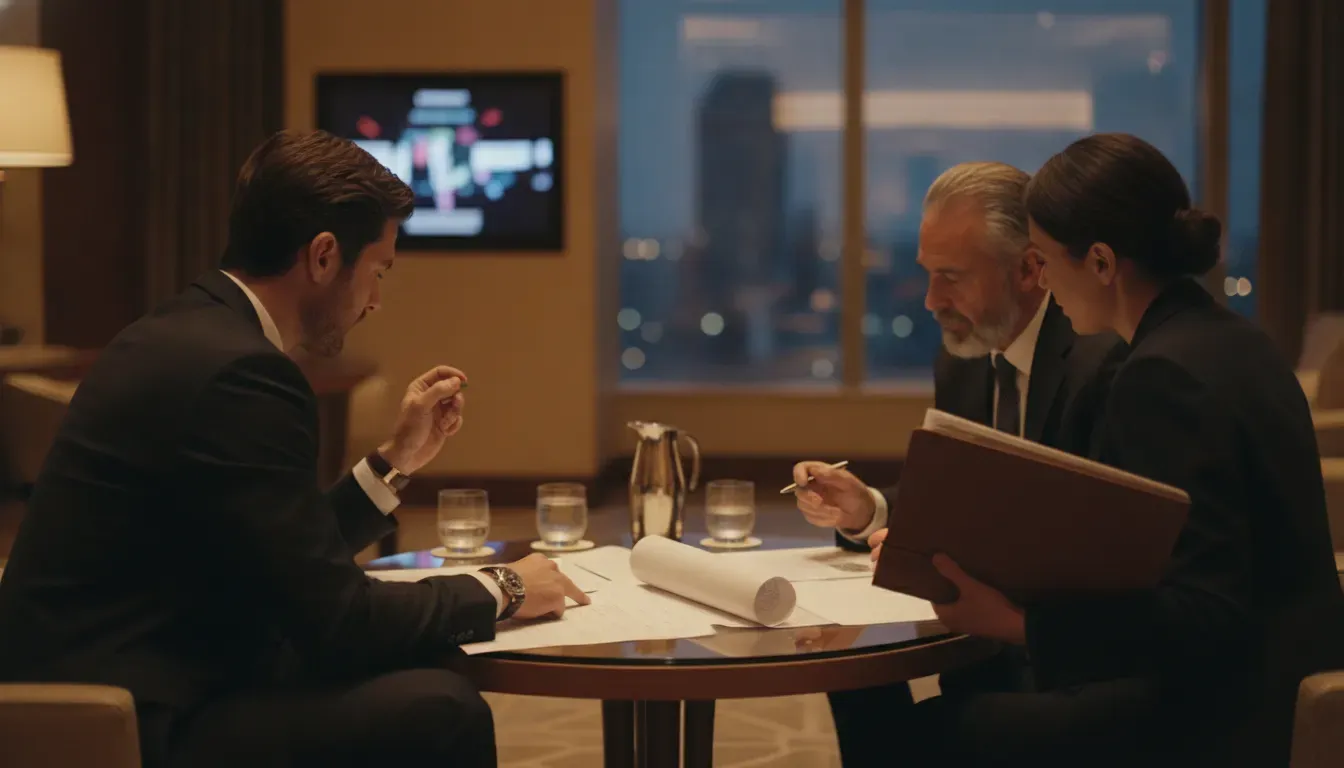 Corporate leaders reviewing a discreet executive protection and VIP travel plan