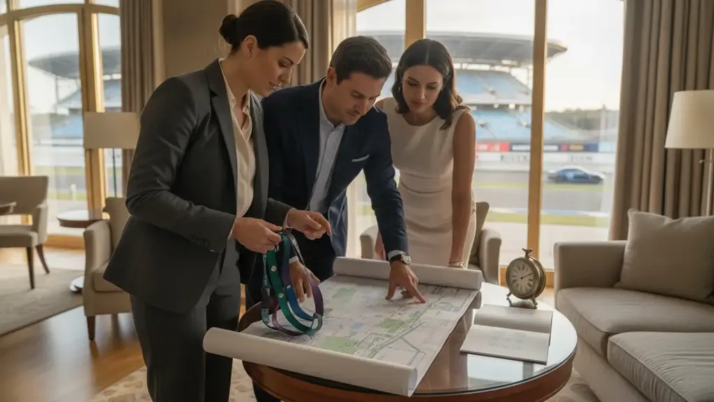 Corporate hosts reviewing event access and executive travel handoffs with a hospitality coordinator