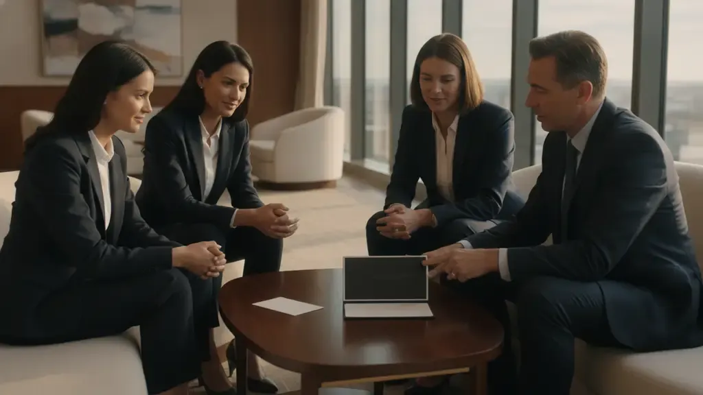 Leadership team coordinating premium event travel logistics within an executive security services program