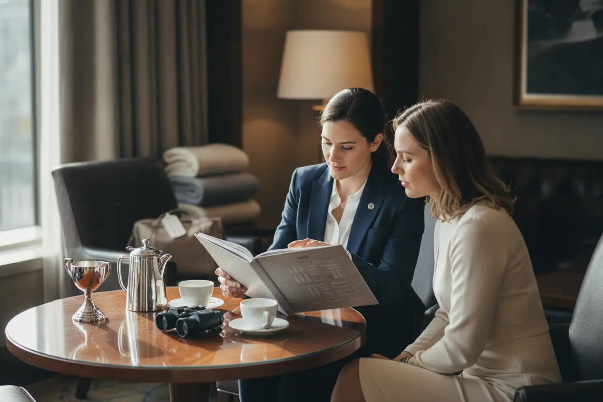 Guests reviewing a sports event itinerary in a hotel lounge