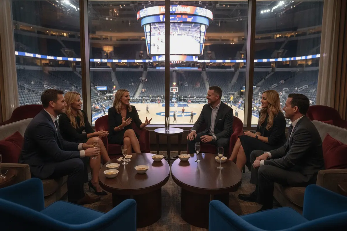 Guests share a conversation in a premium basketball event hospitality lounge
