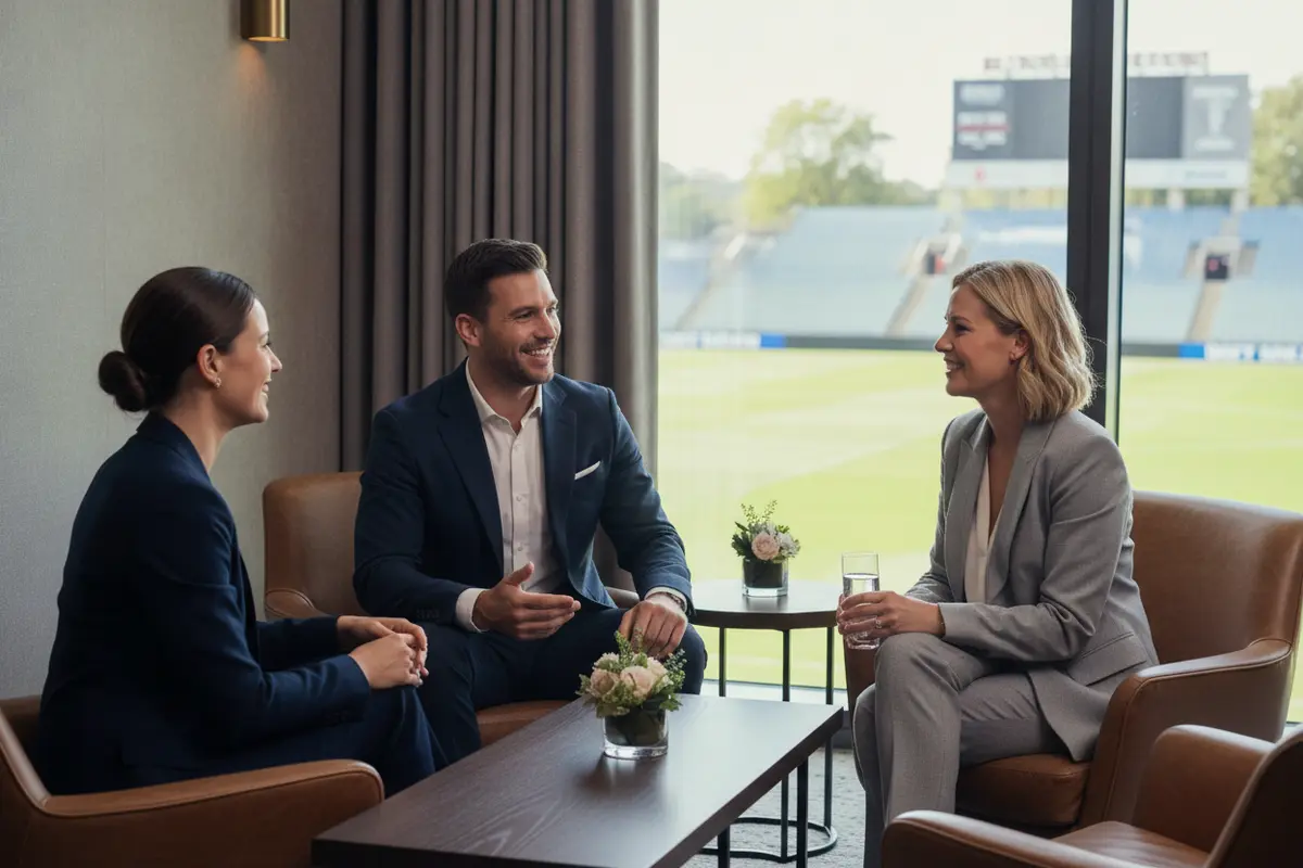 Guests speaking with a corporate host in a private sports hospitality suite