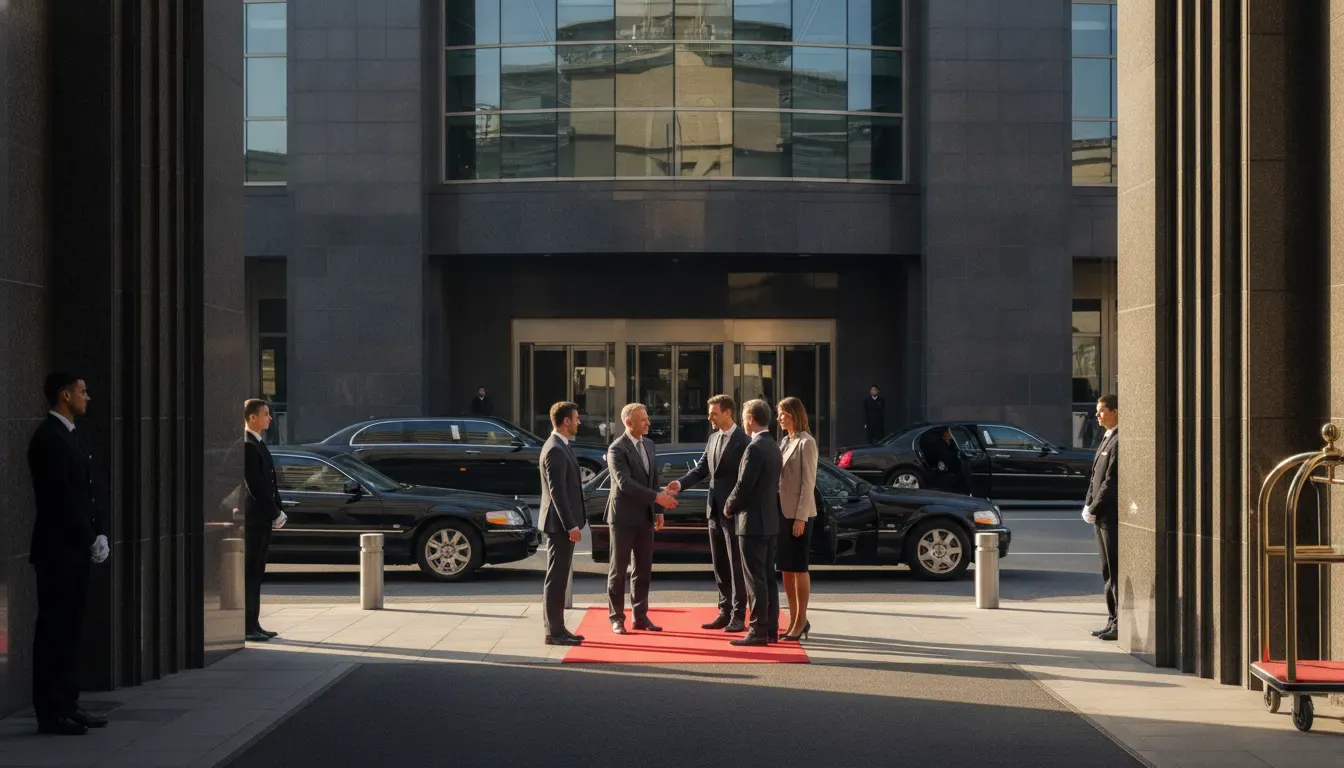 Executive group arriving at a premium venue with coordinated incentive event planning support