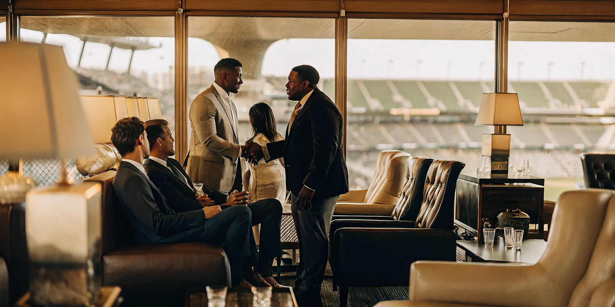 Corporate executives networking in a premium hospitality suite at a major sporting event