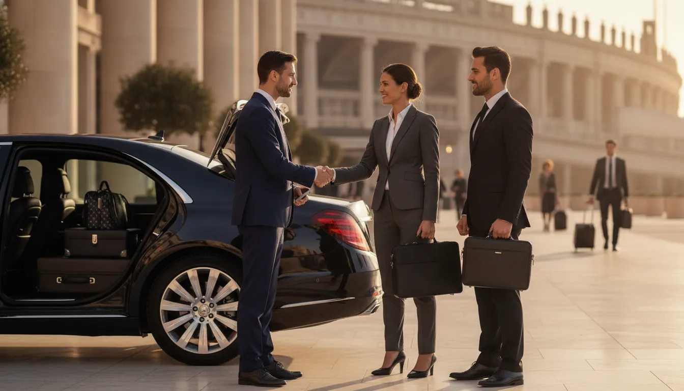 Concierge coordinator welcoming corporate guests at a premium sports travel arrival