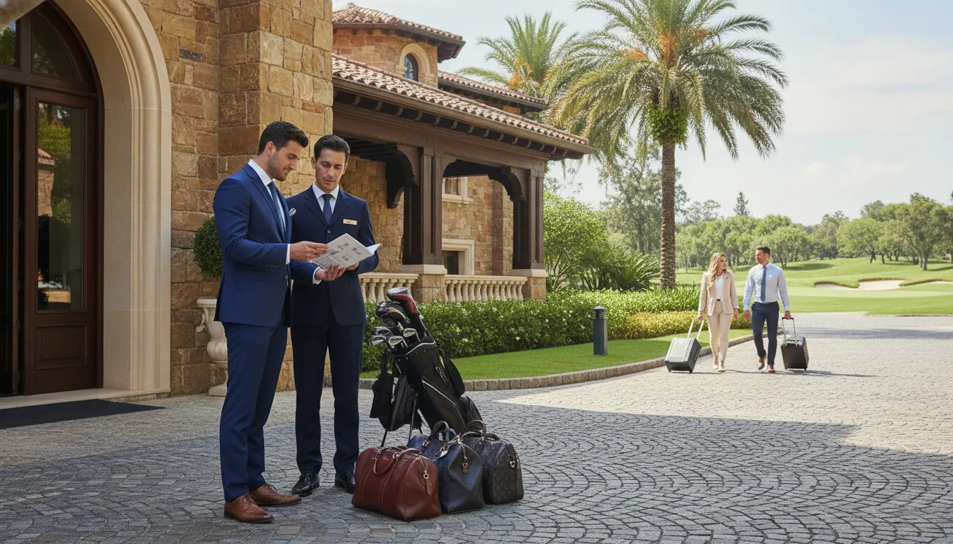 Corporate host coordinating luxury golf event arrivals with a concierge