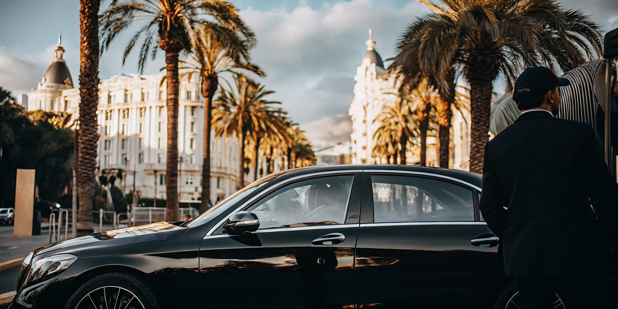 Luxury Mercedes S-Class chauffeur car parked on Boulevard de la Croisette in Cannes
