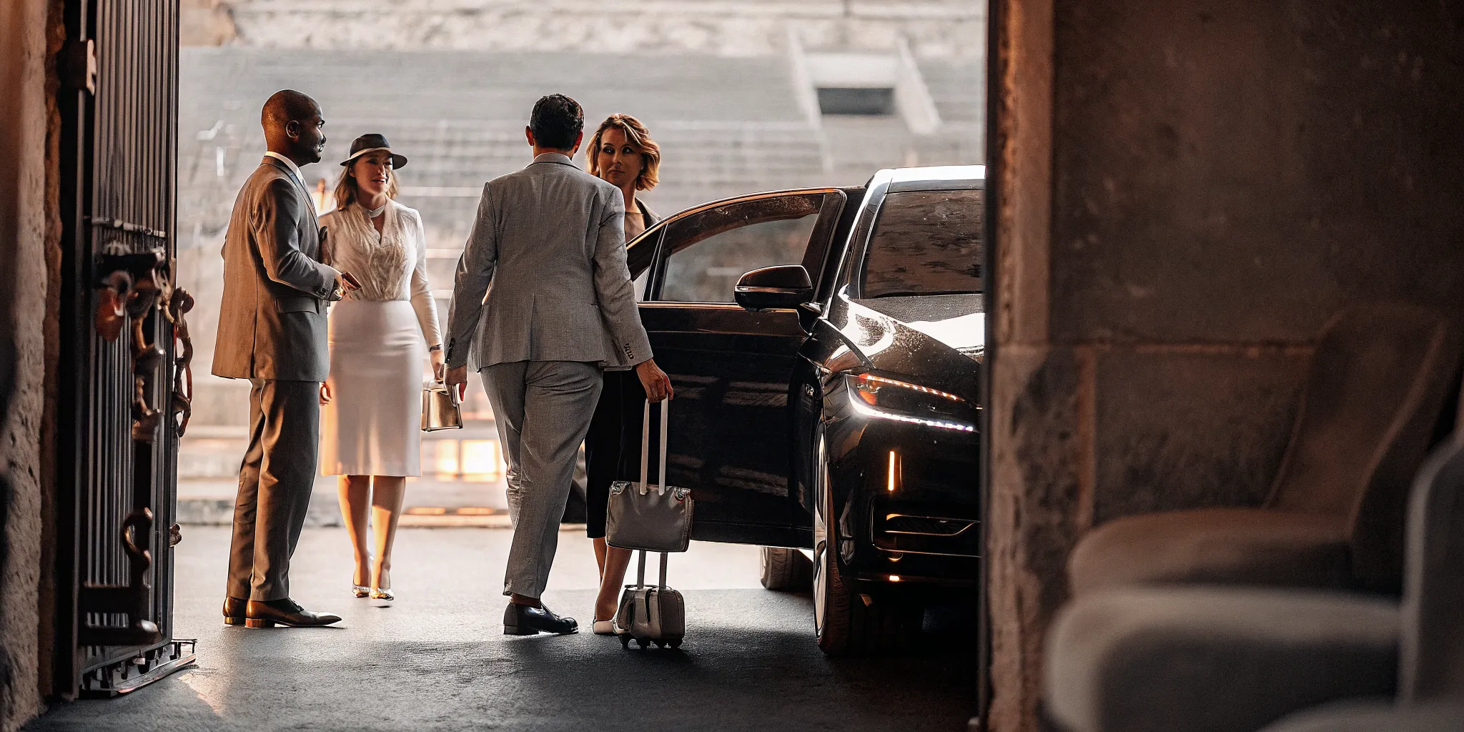 White-glove event travel concierge welcoming guests at a major event