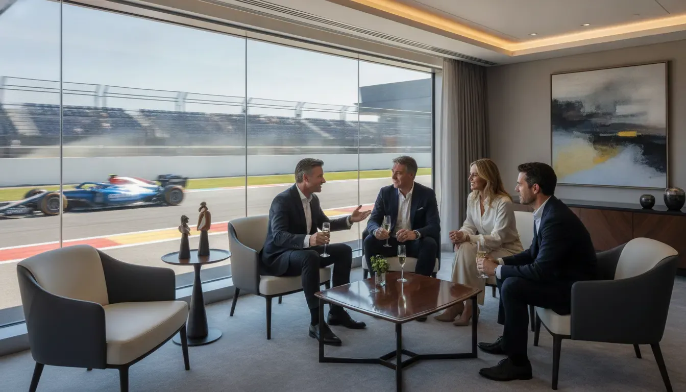 Executive clients speaking in a premium Formula 1 hospitality lounge