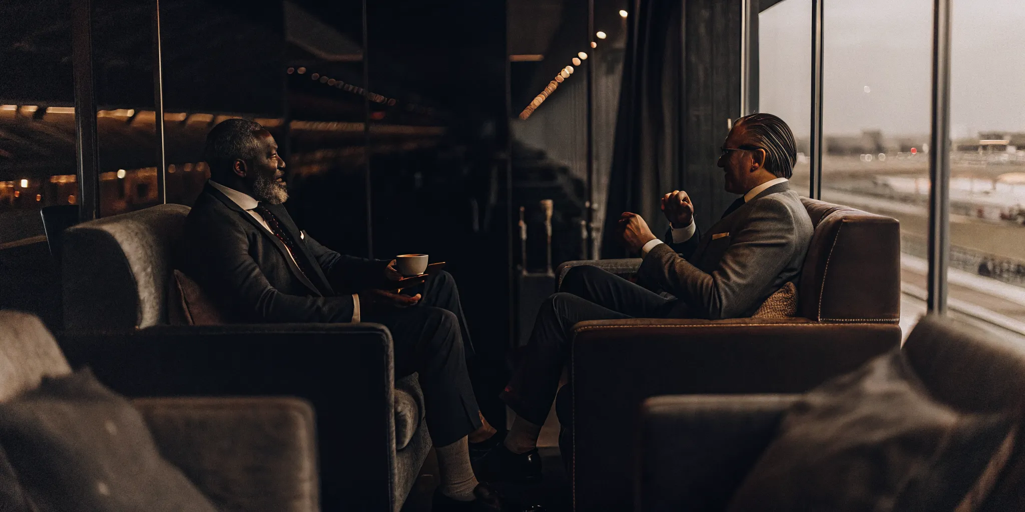 Senior executives holding a private conversation in a premium Formula 1 hospitality lounge