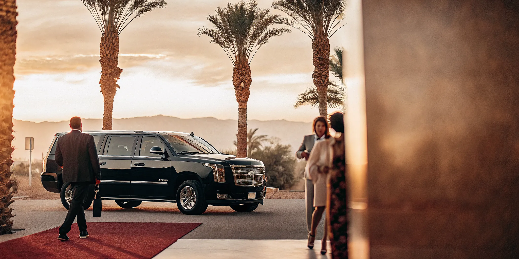 Luxury black SUV arriving at a desert music festival entrance with professional concierge greeting VIP guests