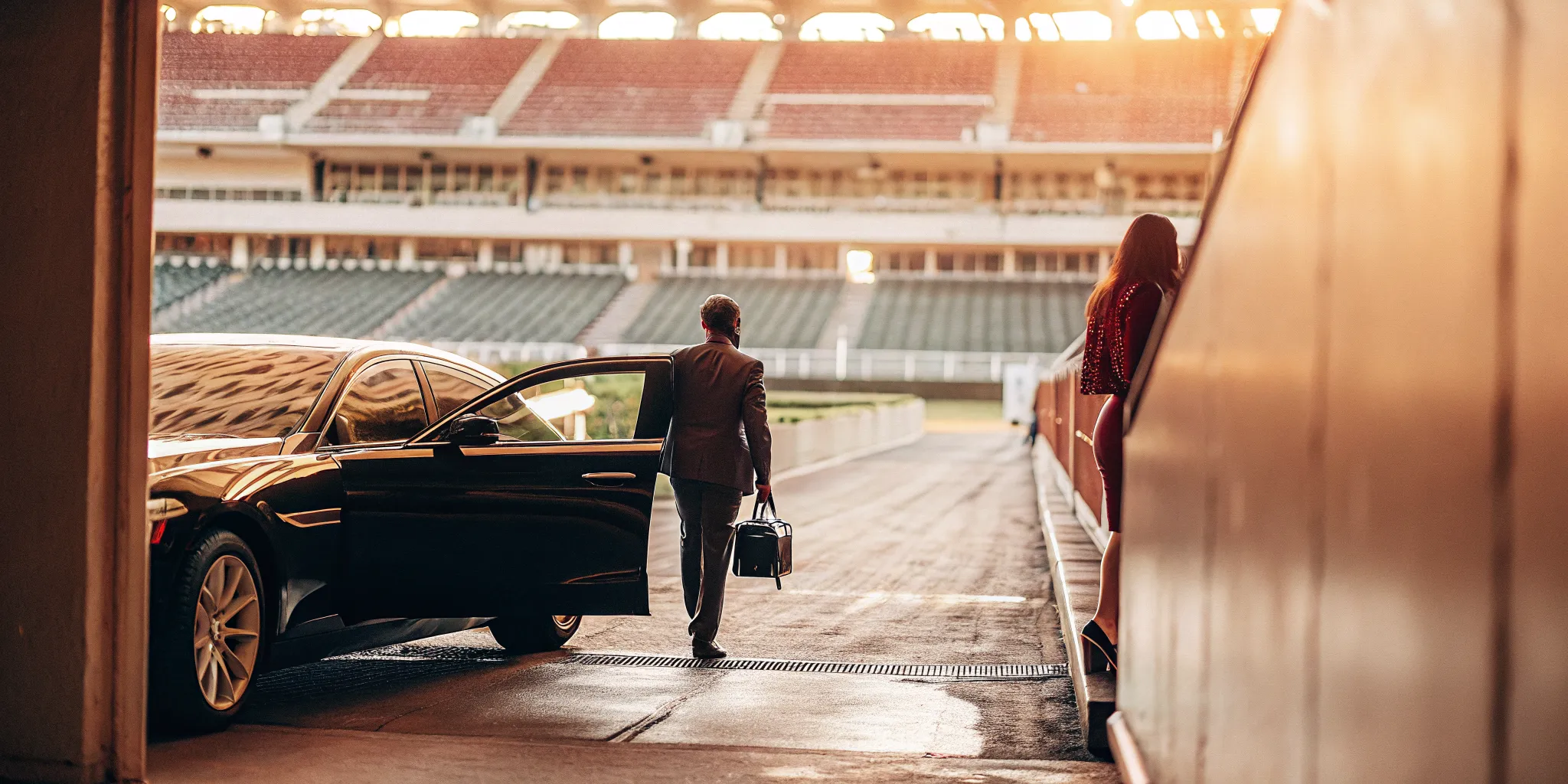 Executive black car service arriving at Belmont Park VIP entrance