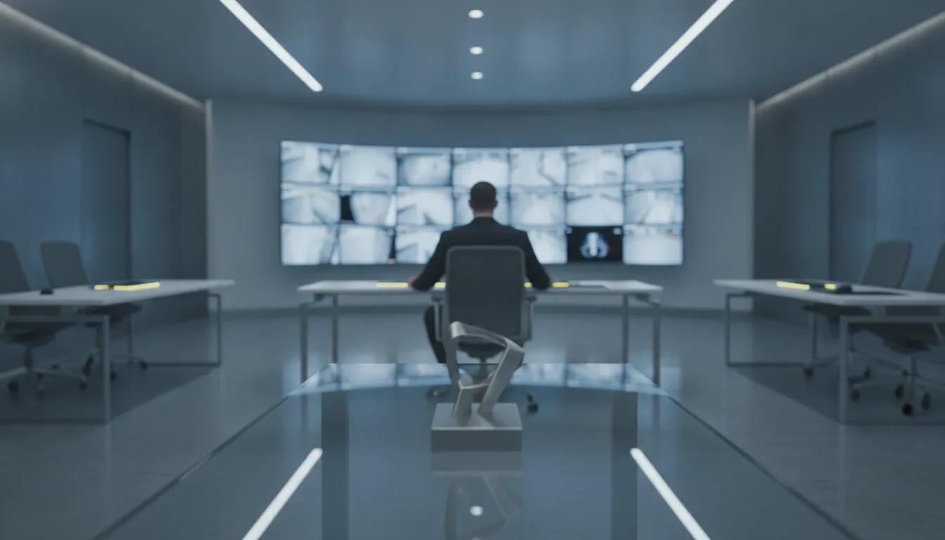Security officer monitoring a corporate facility surveillance station