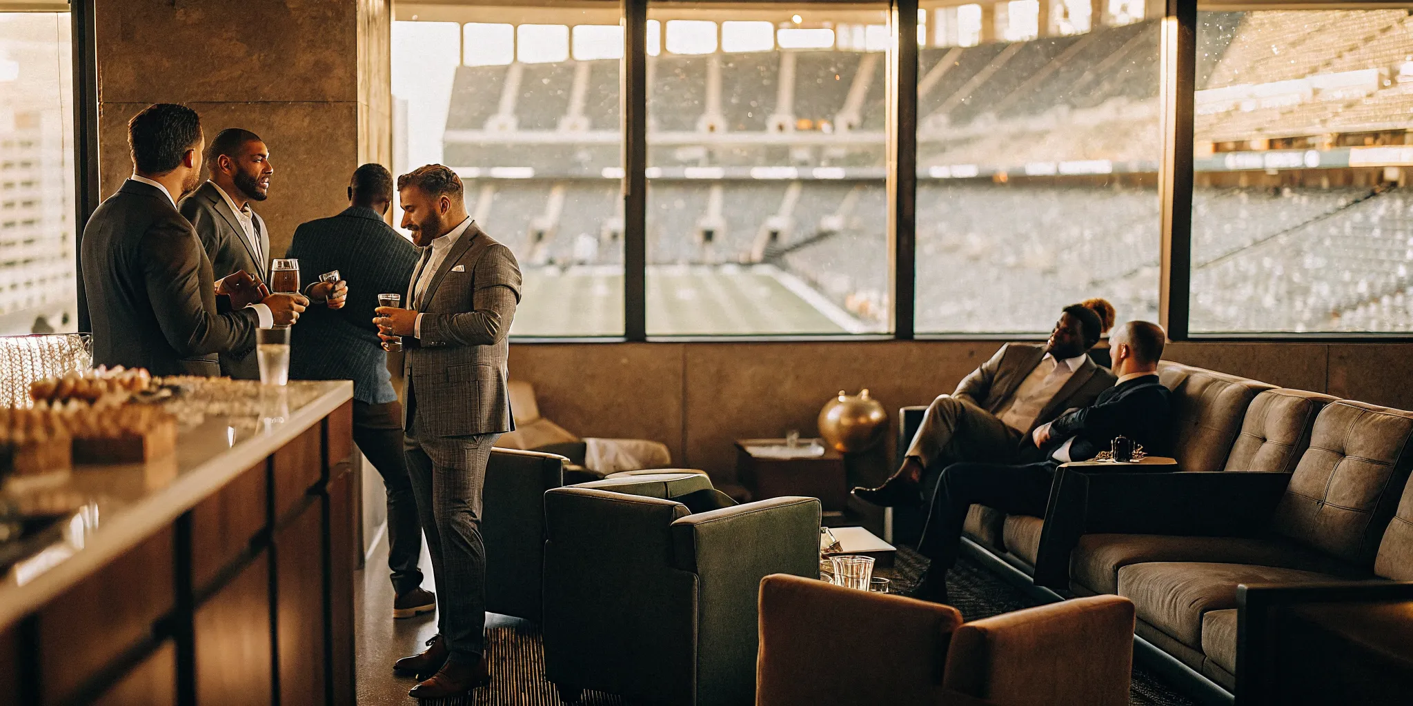 Corporate executives networking in a private pre-game lounge with catered food and stadium views