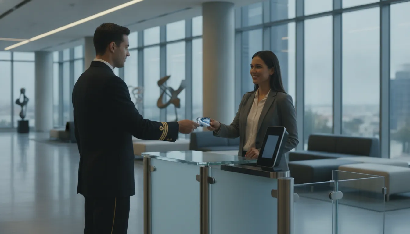 Security officer verifying an employee badge at a corporate headquarters entrance with an access control reader