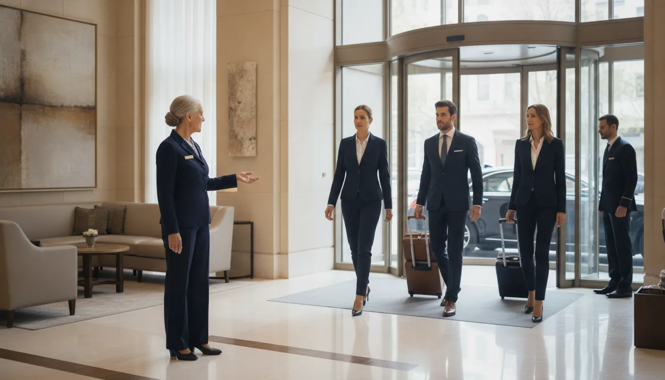 Luxury travel planner discussing a coordinated VIP event itinerary with executive guests