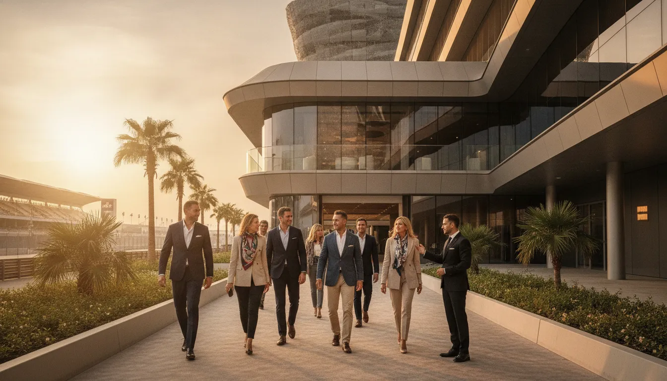 Luxury travel planner guiding executive guests toward a VIP event venue