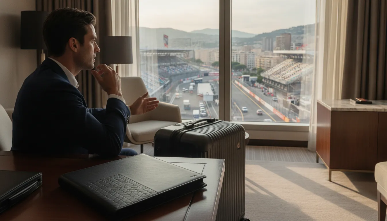 Executive reviewing a Monaco Grand Prix itinerary from a luxury hotel room
