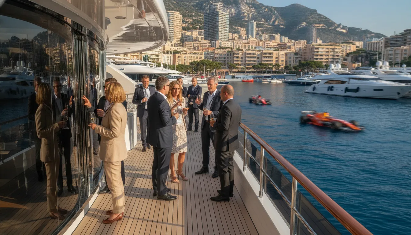 Corporate guests networking on a yacht during Monaco Grand Prix weekend