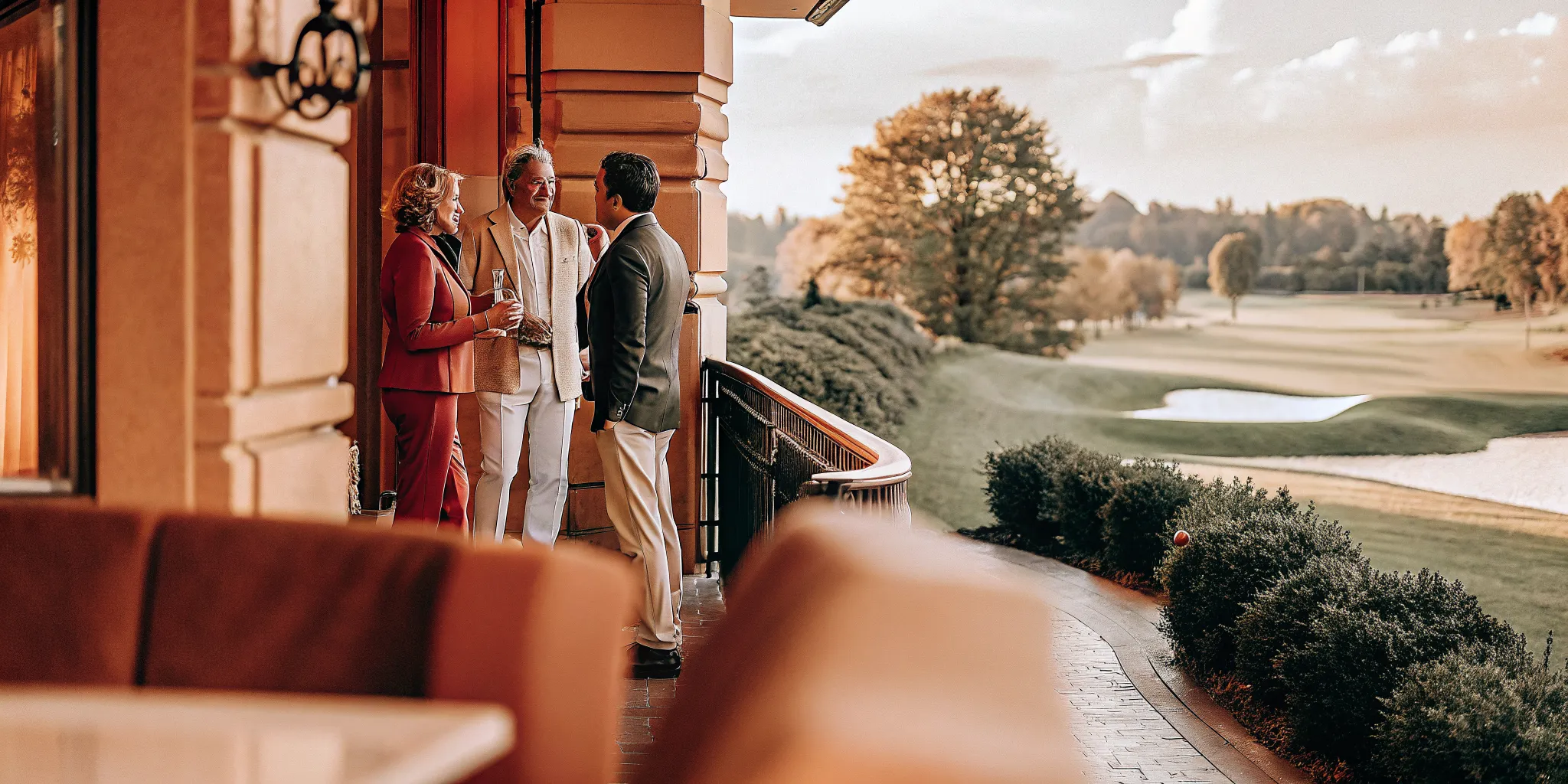 Senior business leaders networking at a luxury championship golf hospitality terrace