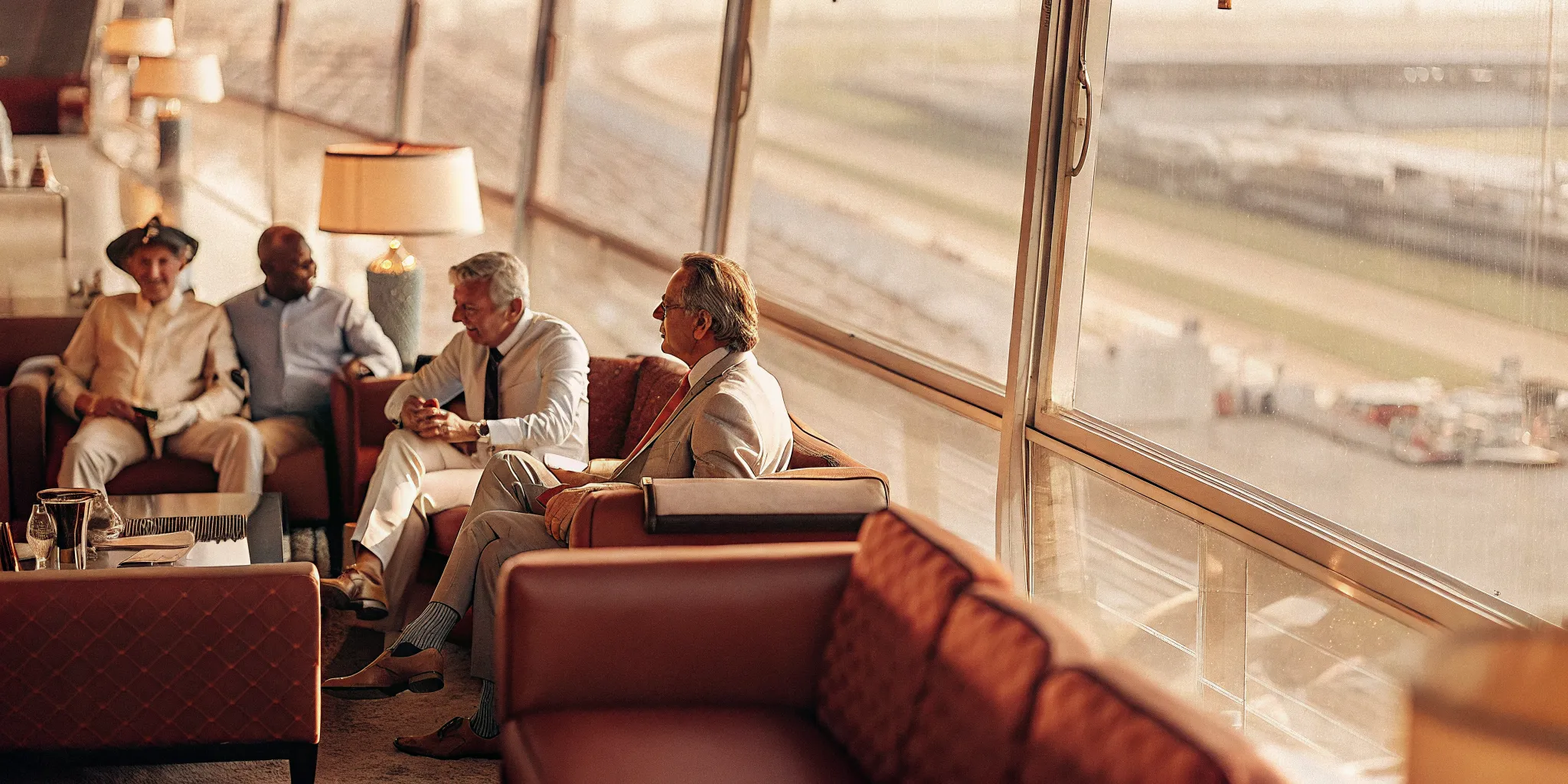 Executives connecting in an elegant private hospitality suite overlooking a sporting event