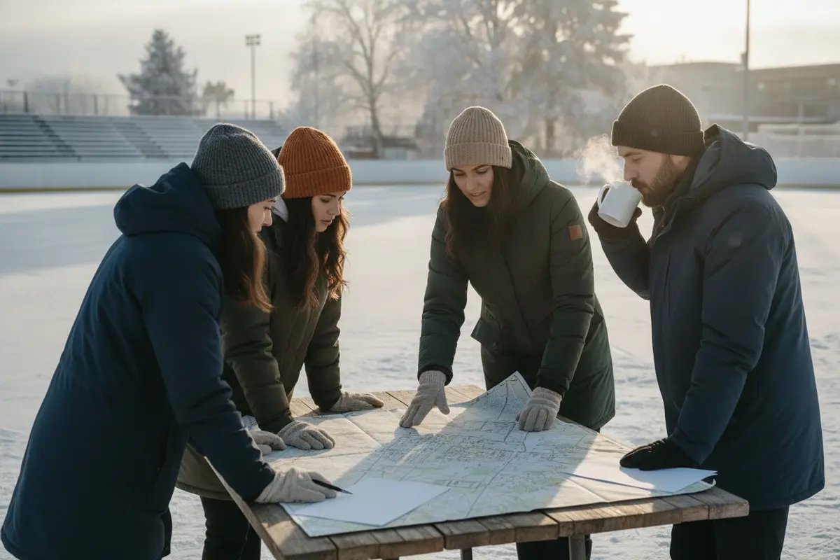 Travel planner reviewing an NHL Winter Classic itinerary with hotel and winter transportation details