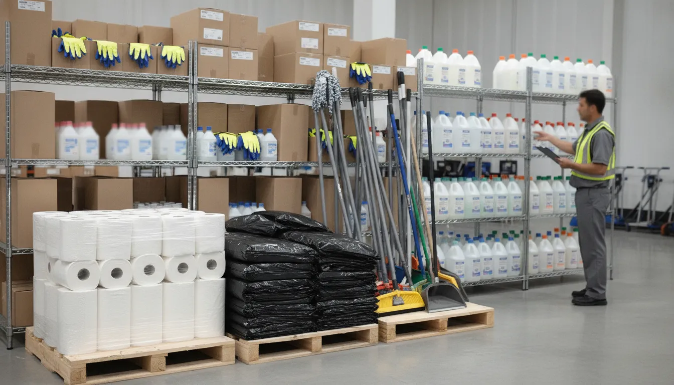 Commercial janitorial supplies organized by product category in a warehouse