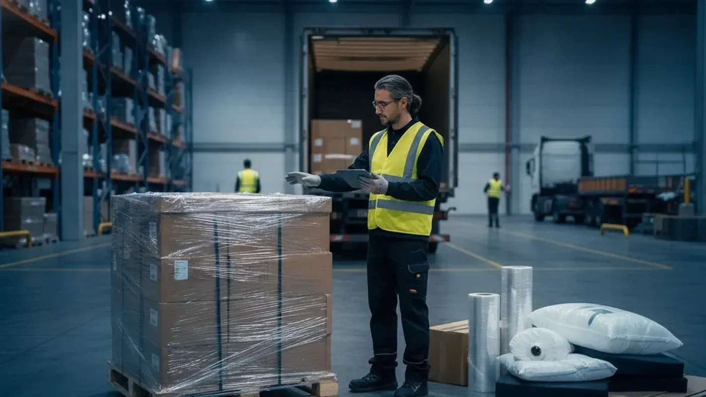 Technician inspecting secured sensitive electronics freight in a warehouse loading area