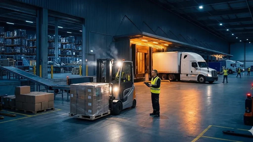 Warehouse operations supervisor coordinating fallen pallet inspection and freight rework