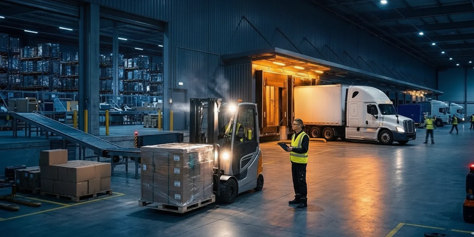 Forklift operators carefully transferring palletized freight between a trailer and a loading dock.