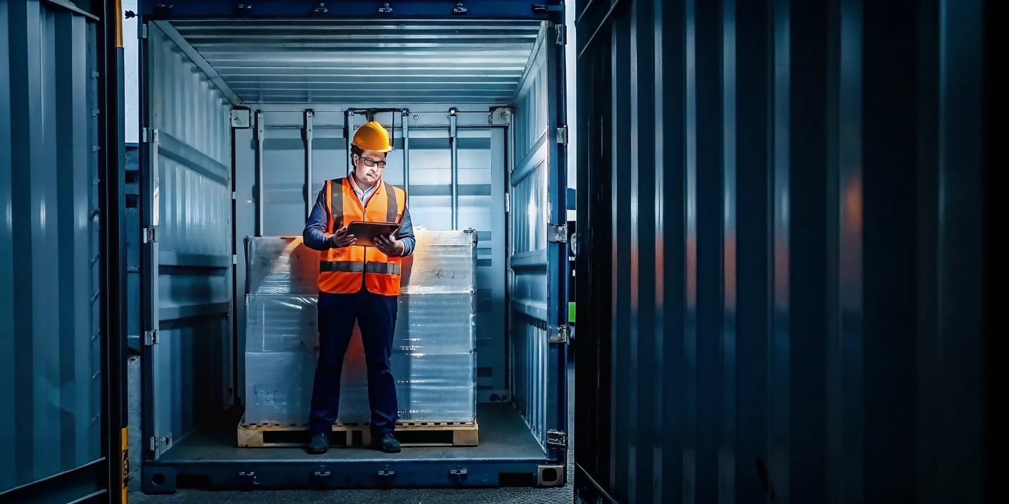 A safety supervisor inspecting shifted cargo inside a trailer container