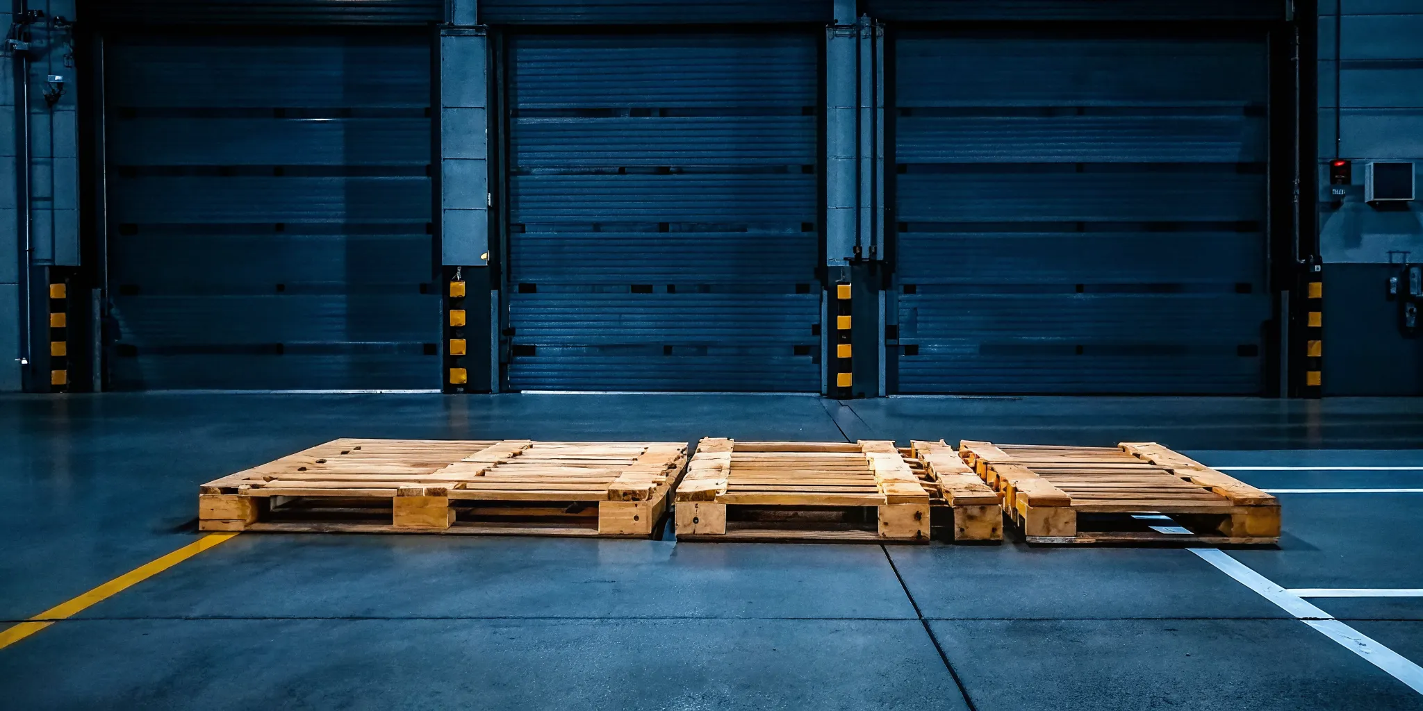 Neatly stacked standard wooden pallets stored flat horizontally on a warehouse floor
