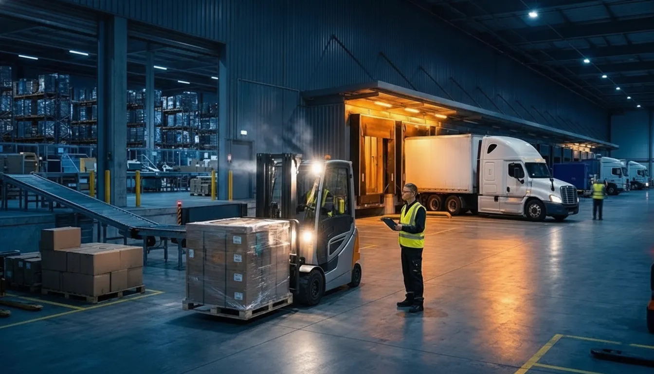 Cross docking near me workers securing palletized freight inside a transfer warehouse