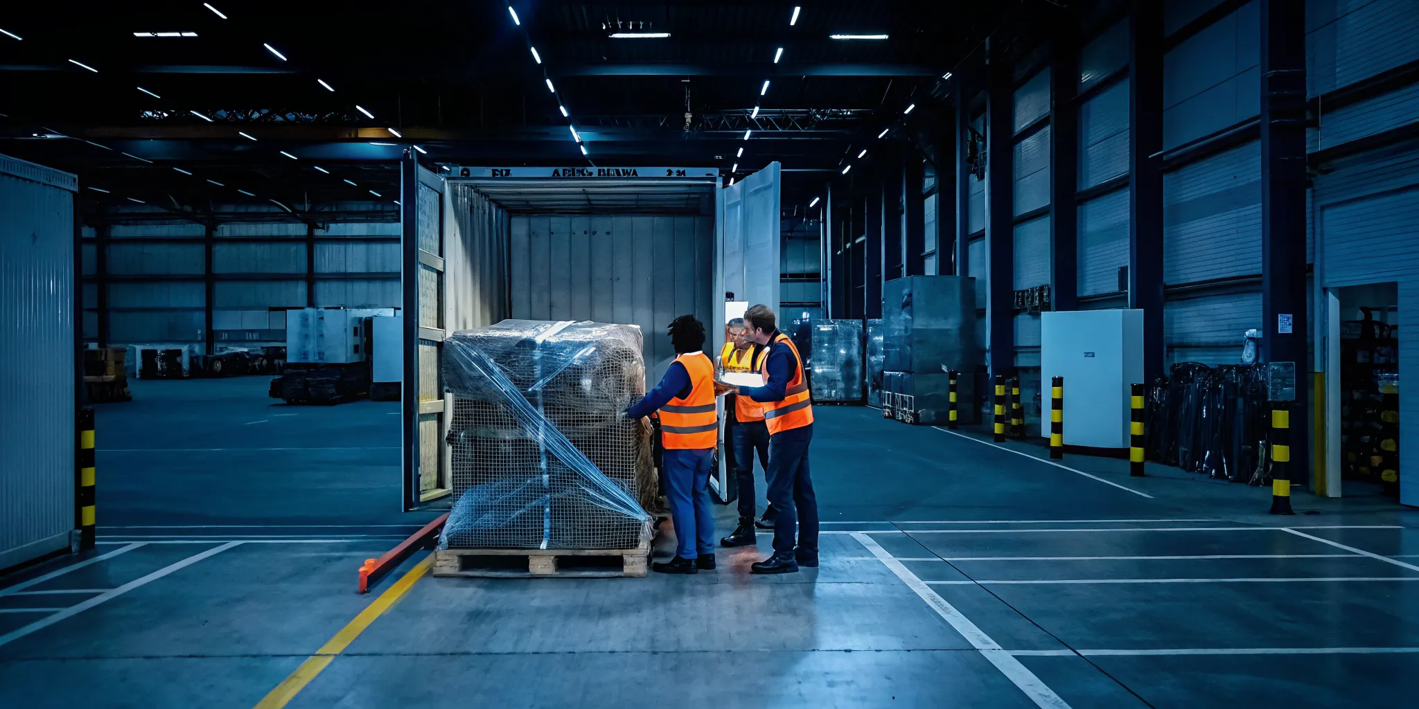 Logistics team inspecting damaged palletized cargo during freight salvage vs disposal triage