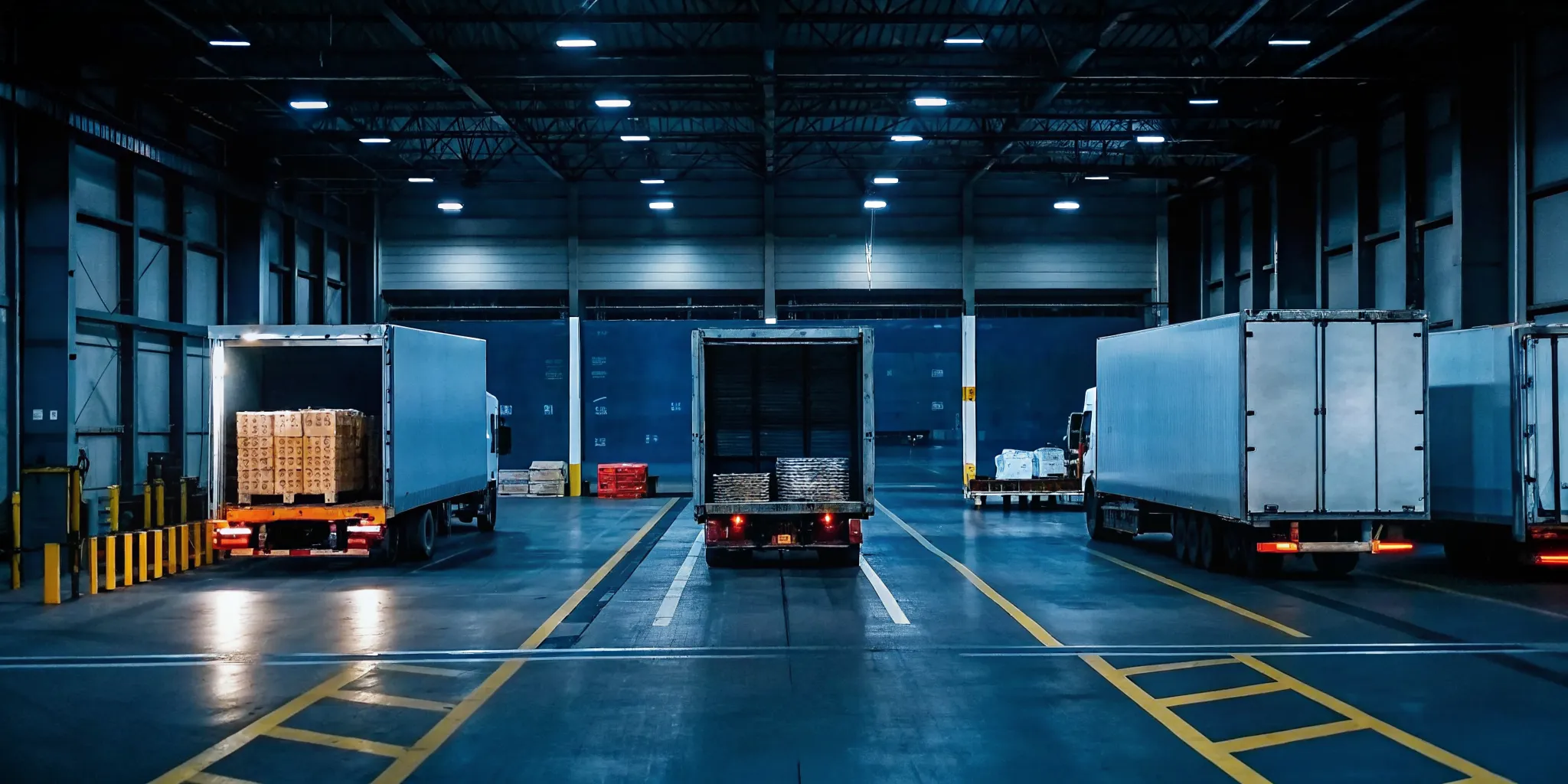 Warehouse workers transferring freight pallets between trucks at a Chicago cross-dock facility