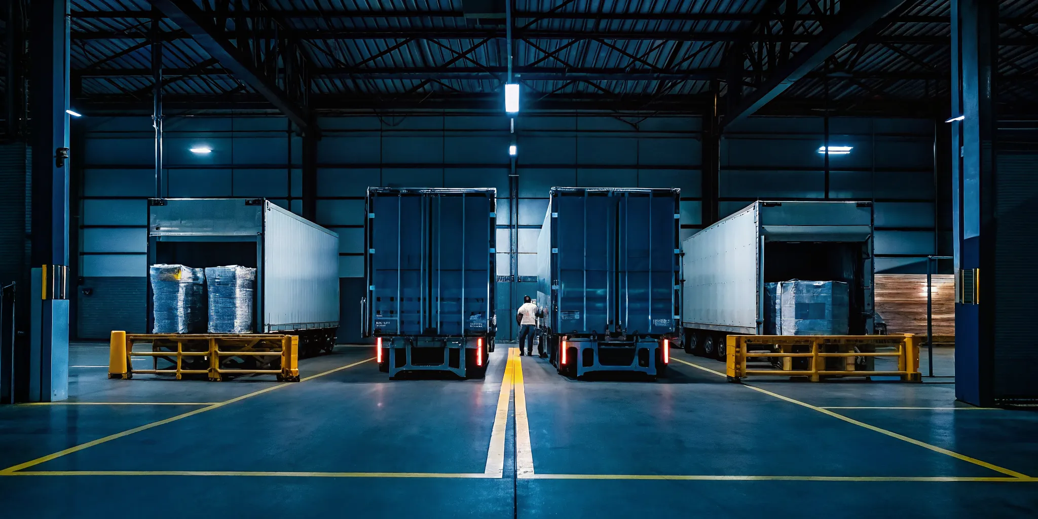 Refrigerated load cross docking team transferring wrapped pallets between reefer trailers