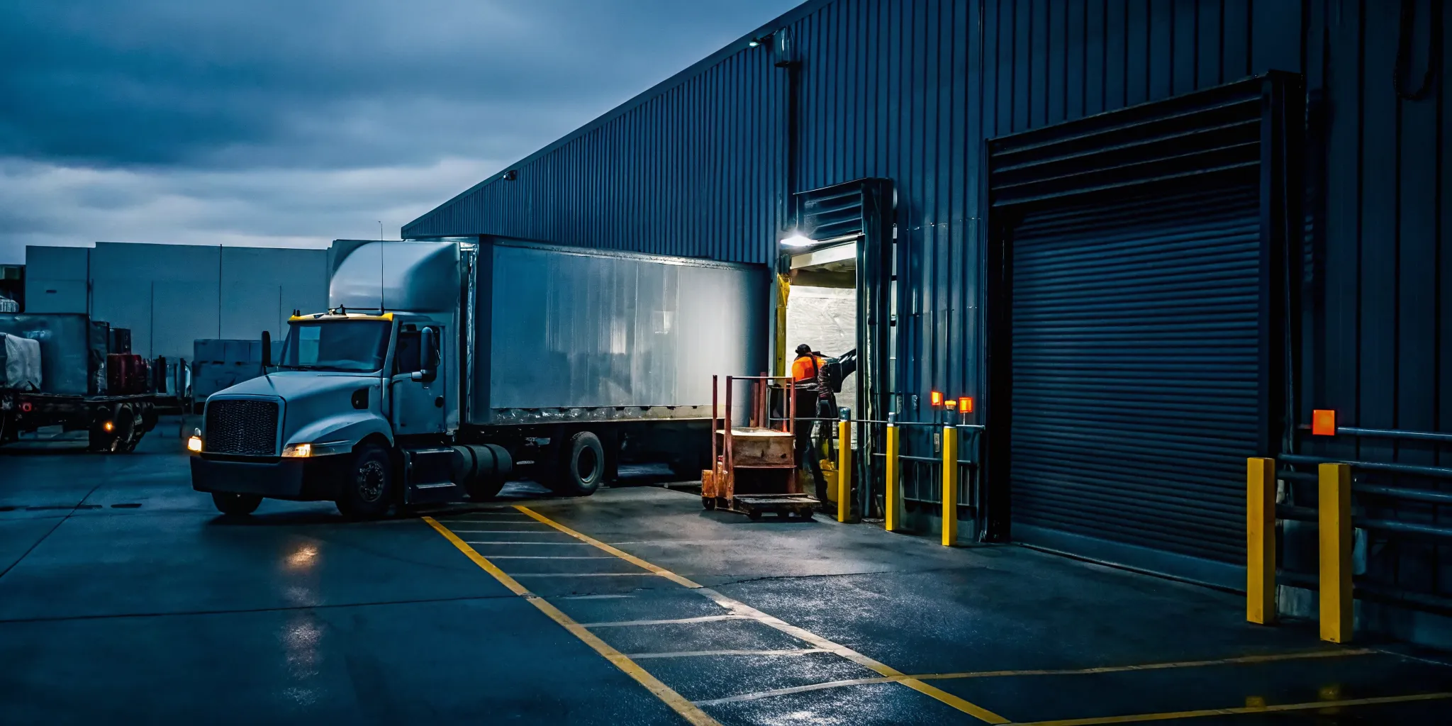 Freight truck with damaged trailer at a Chicago cross-dock loading bay needing emergency transfer