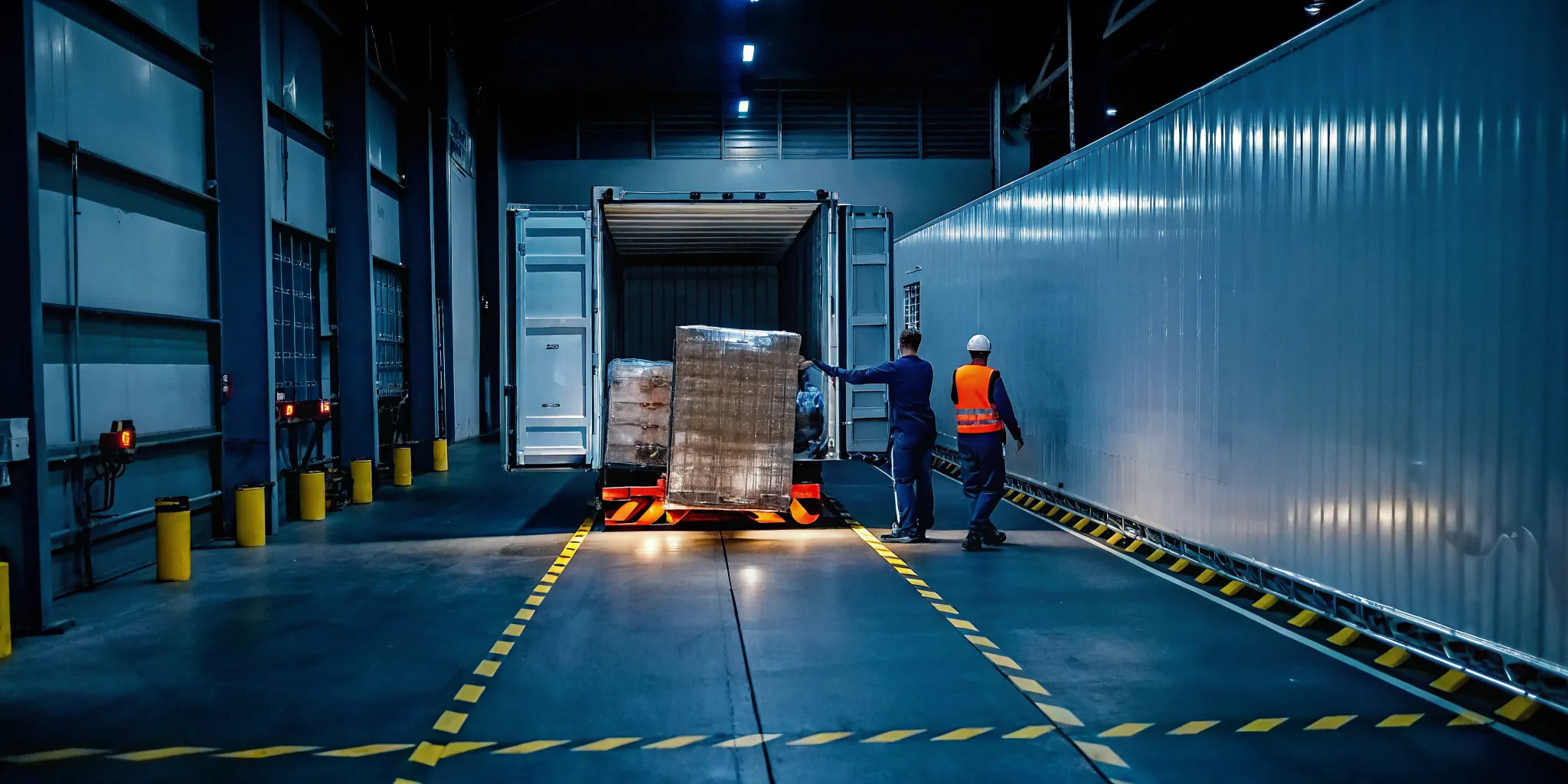 Freight team transferring pallets between cross-docking and short-term warehouse staging