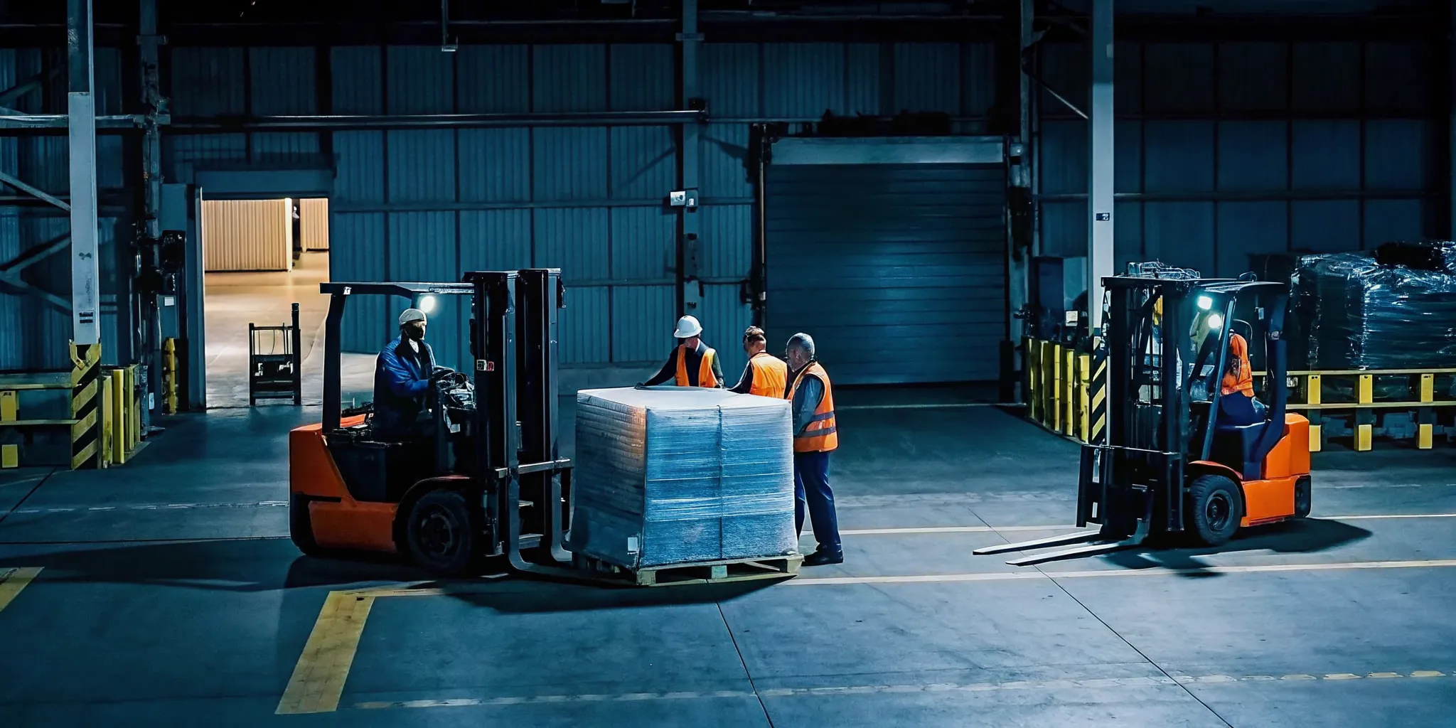 Specialized freight handling services team coordinating a complex load at a cross-dock