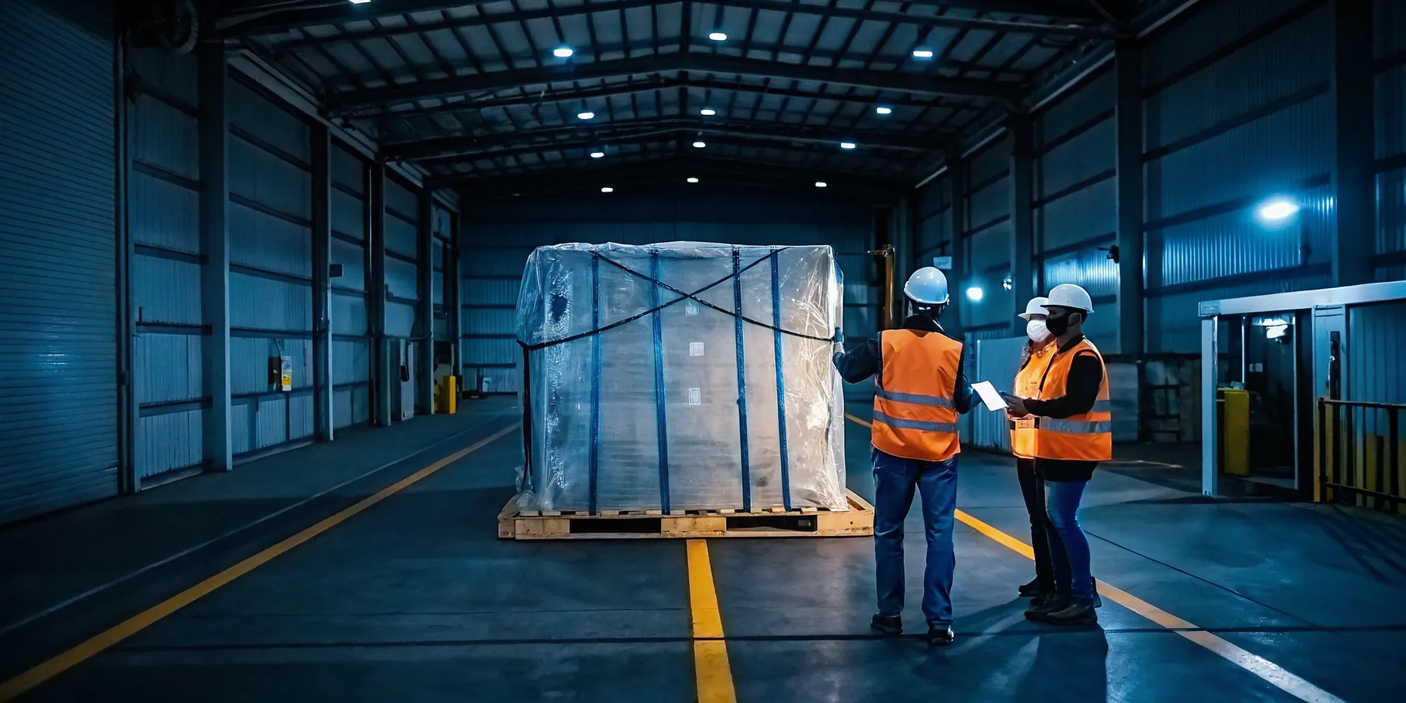 Crew assessing mold damaged freight on isolated pallets