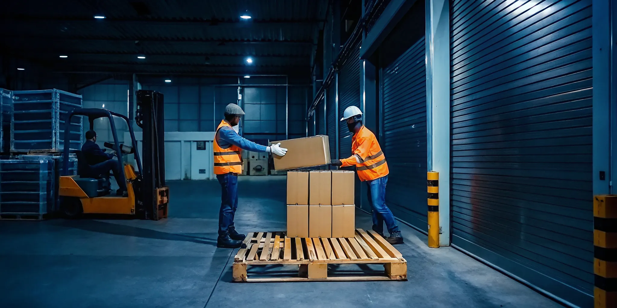 Two warehouse workers restacking collapsed freight boxes onto a fresh wooden pallet
