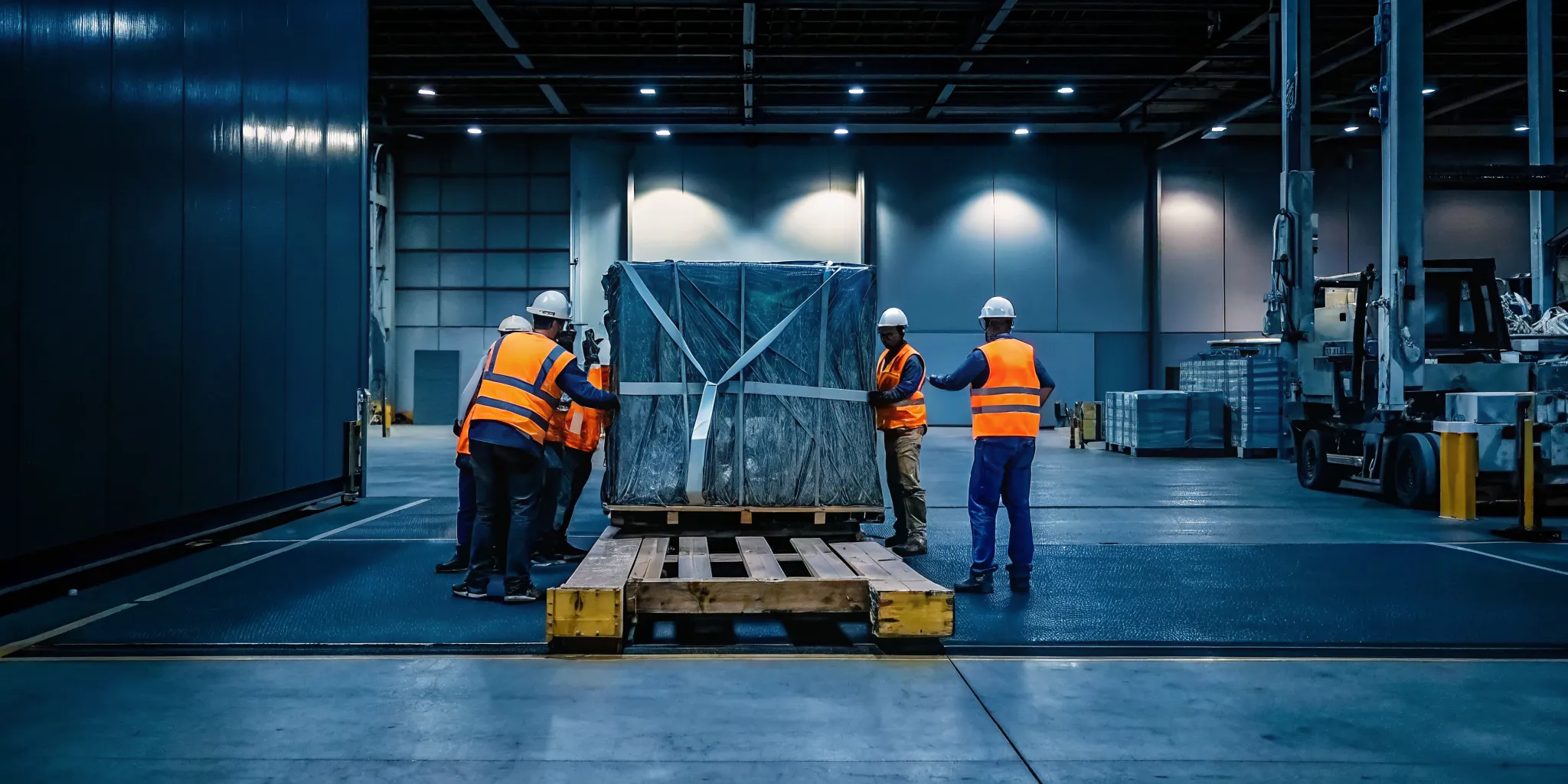 Crew using replacement packaging and stretch wrap to repackage damaged freight