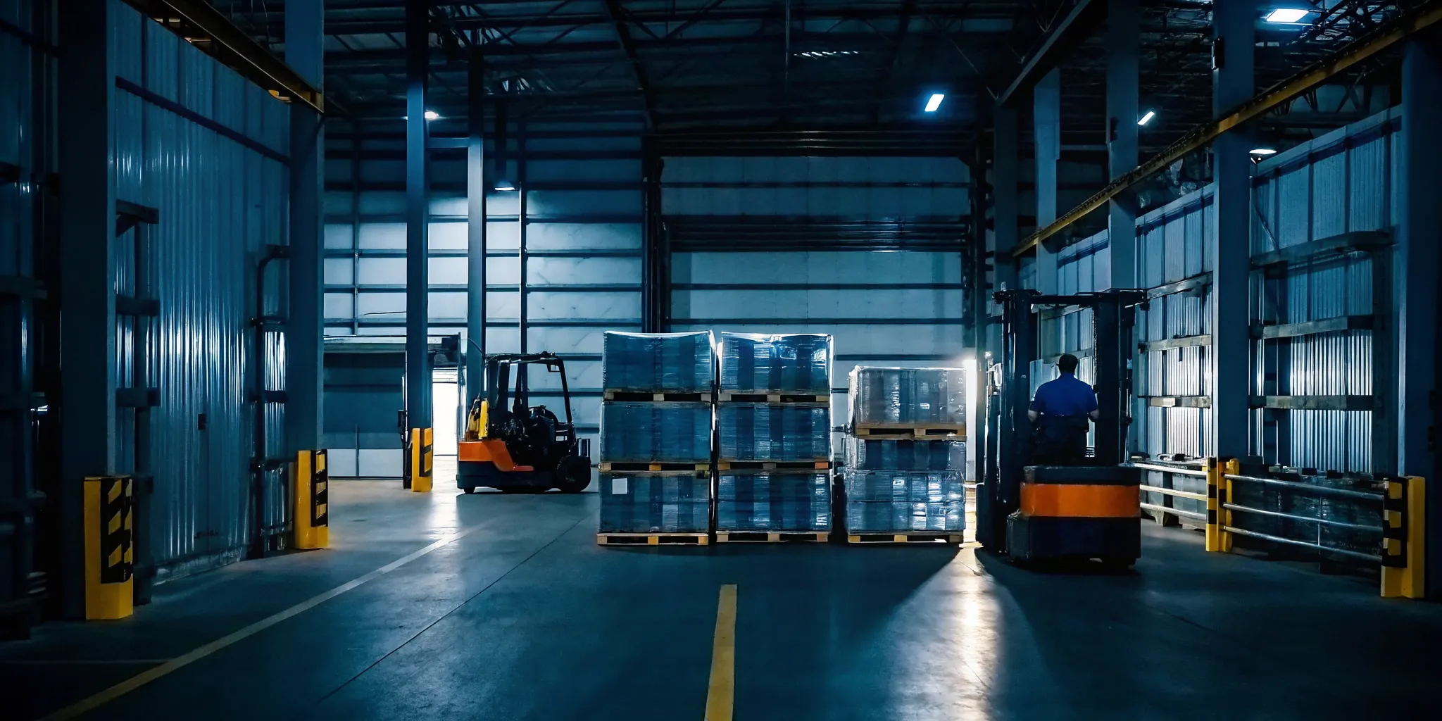 Interior of a clean, organized warehouse with palletized freight neatly stacked in rows for short term storage